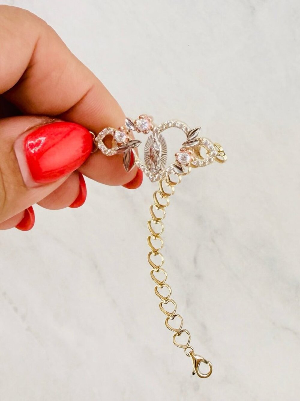 10K Gold Virgin Mary Bracelet Our Lady of Guadalupe Heart 7–8” Adjustable